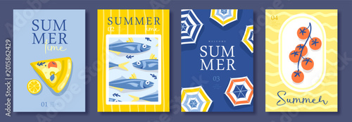 Set of summer Italian posters or covers with pizza, fish, tomatoes, lemons and beach umbrella. Menu design. Vector illustration