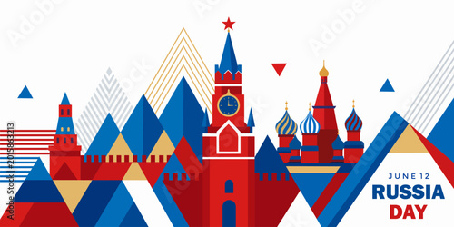 Russia Day celebration banner with colorful geometric illustration of famous Moscow landmarks and Kremlin architecture. Modern patriotic background design for June 12 national holiday.