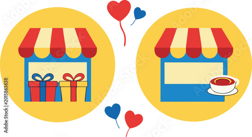 Cuadro en lienzo Colorful gift shop and café with heart balloons small store