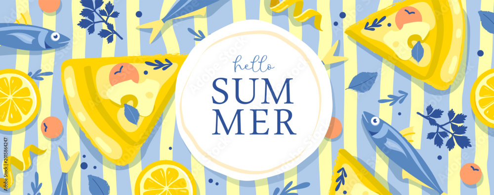 Fototapeta premium Italy summer poster or banner with lemon zest, pizza, fish and herbs on stripped background. Restaurant menu design. Vector illustration