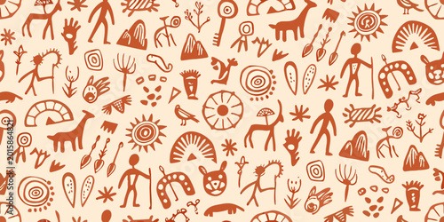 Obraz na płótnie Seamless prehistoric cave painting pattern with animal and human figures