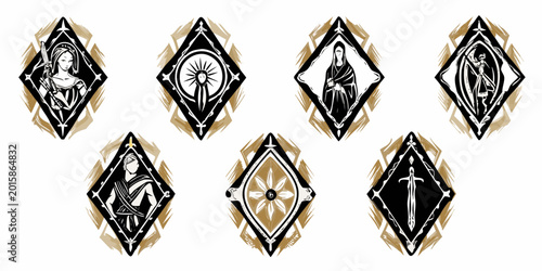Foto Fantasy emblems set illustrated diamond shaped heraldic designs on white