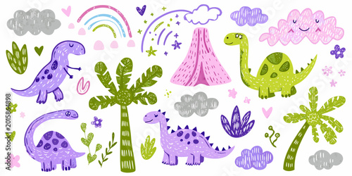 Colorful dinosaur illustrations with rainbow and volcano watercolor style