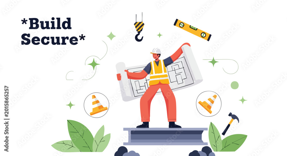 Fototapeta premium Construction Worker with Blueprint, Building Secure Concept