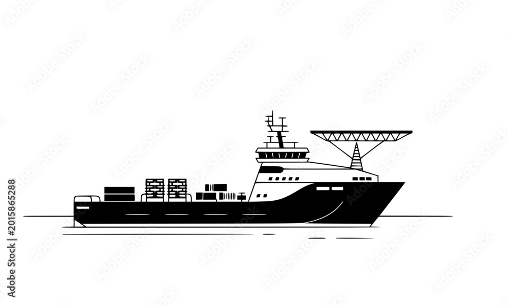 Fototapeta premium Detailed black and white silhouette of an offshore supply vessel with crane and cargo containers representing maritime shipping, offshore industry, and commercial sea transport concepts