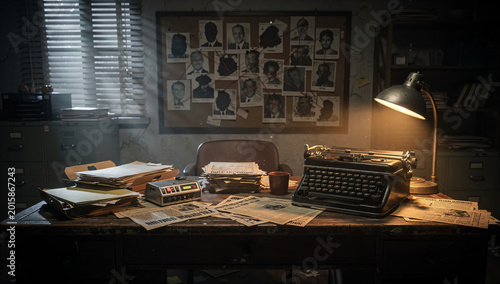Abandoned Detective Office with Vintage Investigation Evidence Setup