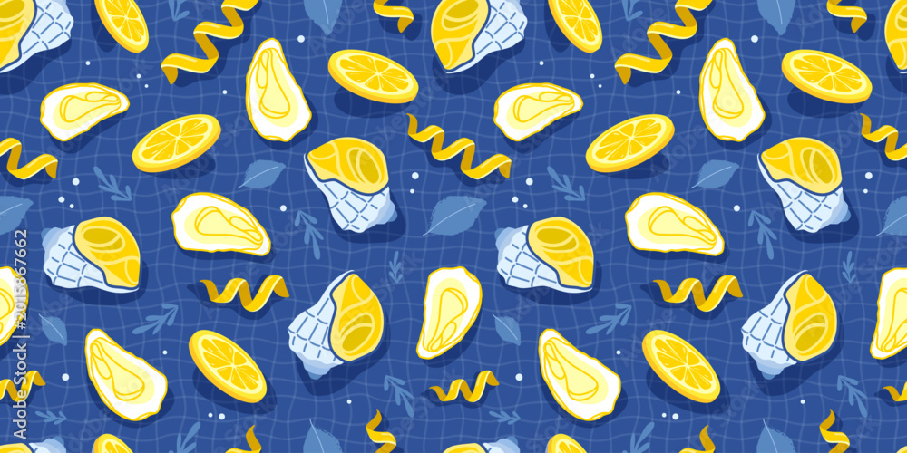 Obraz premium Seamless summer pattern with lemon zest, oysters, clams and rosemary on blue tablecloth background. Restaurant menu design. Vector illustration