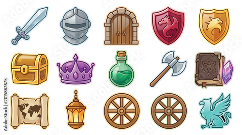 Fantasy game icons with sword shield potion and treasure chest in colorful cartoon style