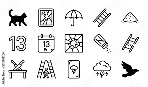 Fotografía Superstition Icons: Black Cat, Broken Mirror, Ladder, 13, Crow, Umbrella, Salt