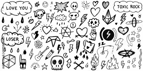 Tableau sur toile punk rock graffiti doodles and symbols black and white illustration