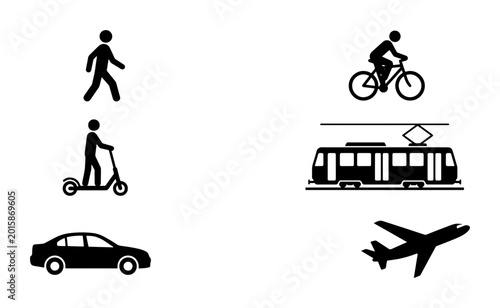 Photos Set of 6 transportation icons vector: pedestrian, cyclist, scooter, car, tram, a