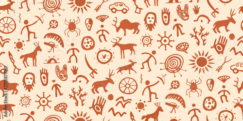 Bild auf Leinwand seamless prehistoric cave painting pattern with animal and human figures
