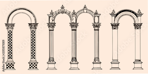 Quadro su tela Ornate archway illustrations vintage style architectural details