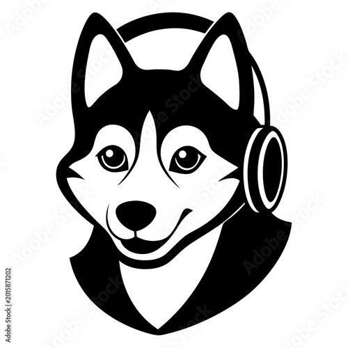A stylish black and white vector illustration of a husky dog wearing headphones as a playful and modern icon design