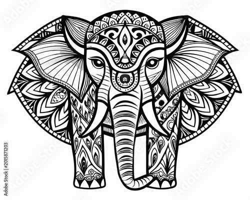 An intricately designed vector illustration of an elephant adorned with elaborate tribal and mandala patterns on its body and ears