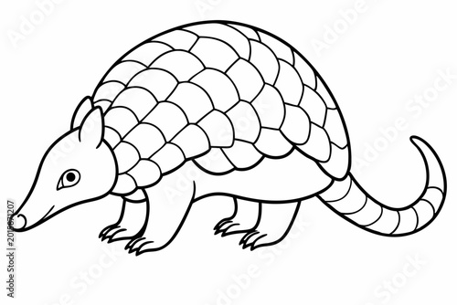 A simple black and white vector illustration of an armadillo with a textured shell and detailed body shape