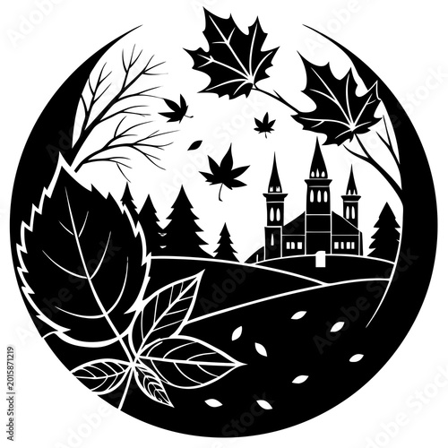 A striking black and white vector illustration featuring autumn leaves and a church surrounded by trees in a circular design
