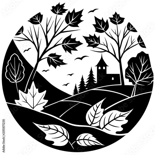A stylish black and white vector illustration shows autumn trees with falling leaves surrounding a quaint village scene