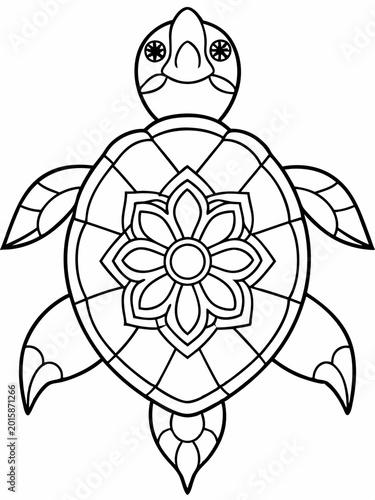 A detailed black and white vector illustration of a stylized sea turtle featuring intricate geometric and floral patterns on its shell