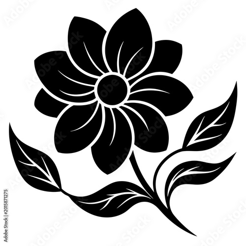 A sleek black and white vector illustration of a stylized flower with detailed petals and leaves designed as minimalist clipart