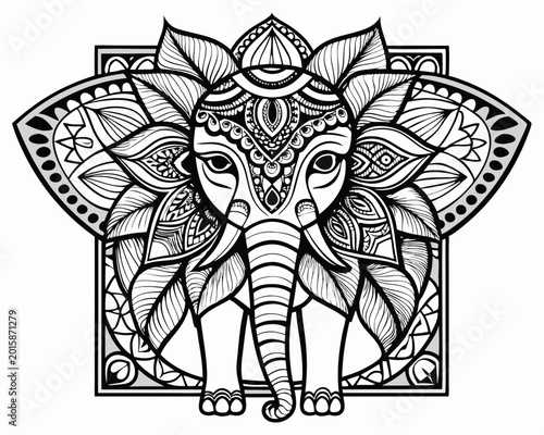 An intricate black and white vector illustration of an elephant adorned with ornate mandala and lotus flower designs as a decorative graphic