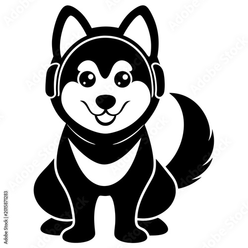 A cute black and white husky-style dog wearing headphones in a minimalist vector illustration design