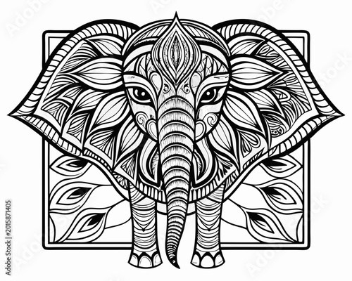 An intricate black and white vector illustration of an elephant head surrounded by ornate leaf patterns within a framed design