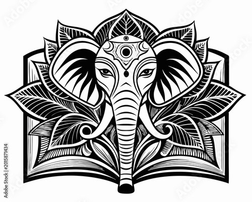 An intricate vector illustration of an elephant head emerging from an open book surrounded by stylized lotus flowers and detailed patterns