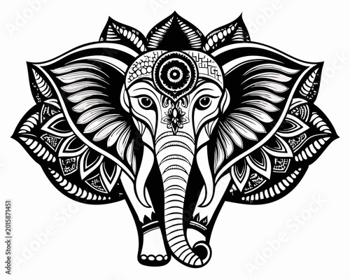 An intricate black and white vector illustration of an elephant head adorned with ornate lotus flower patterns and mandala designs