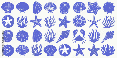 blue sea life silhouettes collection on a white background