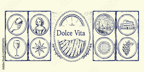 Fotografie vector illustration of italian themed emblems and sketches on cream background