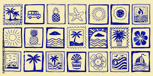 Tropical stamp illustrations in blue linocut style isolated set