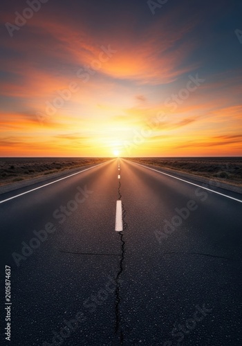 A lengthy asphalt highway stretching horizontally toward the far horizon, vanishing into the wide, open distance across a flat landscape, parallel, straight, way