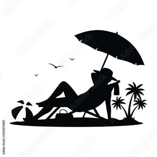 Silhouette of a person relaxing on a beach chair under an umbrella