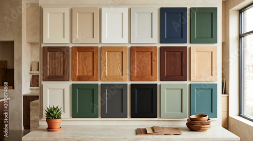 Kitchen cabinet door samples in various wood finishes and colors, arranged neatly for interior design and renovation selection, modern home improvement display.