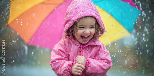 Girl smiles and plays in the rain with a colorful umbrella on a rainy day in the park during the afternoon