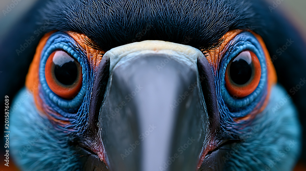 Fototapeta premium Mesmerizing Close-Up of a Colorful Bird's Piercing Gaze and Vibrant Feathers