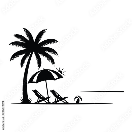 Black silhouette of beach scene with palm tree, umbrella, chairs, and volleyball