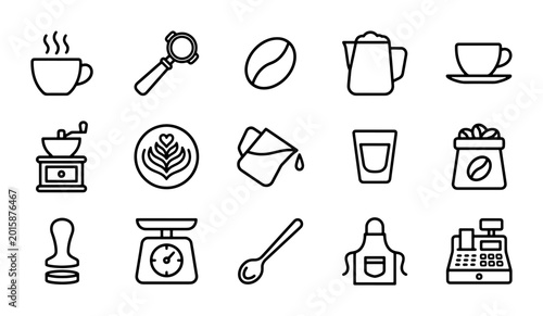 Fotografía Coffee Shop Icons Set, Espresso Bar Equipment Vector Graphics, Cafe Barista Tool