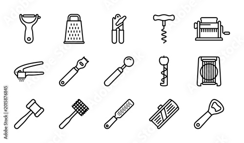 Foto Kitchen Utensils Vector Icons: Peeler, Grater, Opener, Corkscrew, Pasta Maker, G