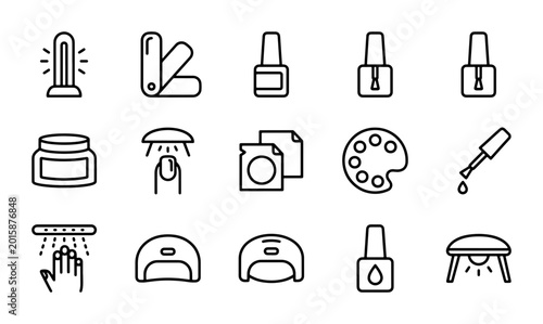 Bild auf Leinwand Nail Salon Icons Set, Manicure Tools Vector Graphics, Beauty Care Equipment Coll