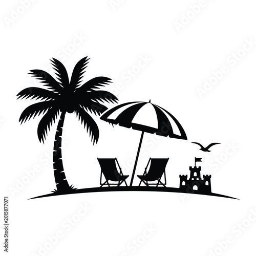 Black silhouette of a beach scene with palm tree, two deck chairs, umbrella, sandcastle, and seagull