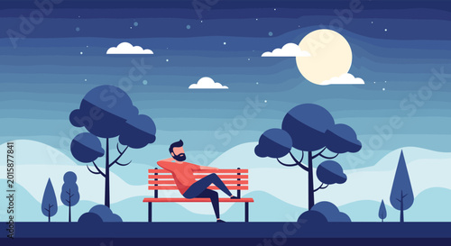 Bearded man sitting alone on a park bench at night under the full moon and stars enjoying the quiet evening atmosphere.