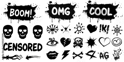 Foto Graffiti stencils collection with punk and urban elements black on white