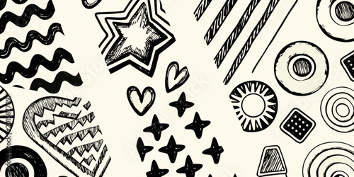 Tableau sur toile sketchy monochrome pattern with coffee cups stars and hearts