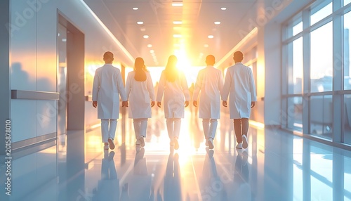Medical professionals walking down a bright hospital corridor (439)