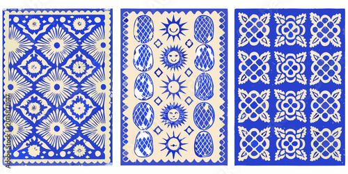 talavera style tiles set of three blue and white patterns