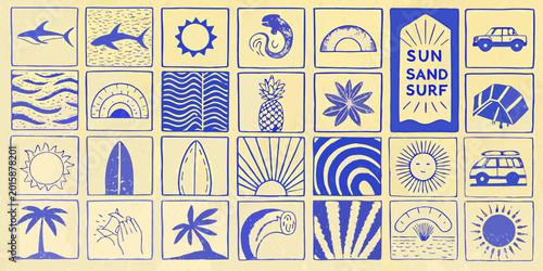 Blue and cream ocean themed tile pattern with summer icons