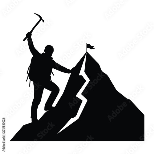 Silhouette of a hiker reaching the summit, holding a pickaxe and flag
