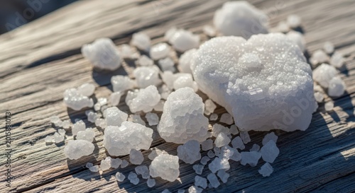 Close up of natural coarse sea salt crystals shimmering under the sun, deposited on driftwood by strong coastal ocean waves, pattern, seasoning, shore